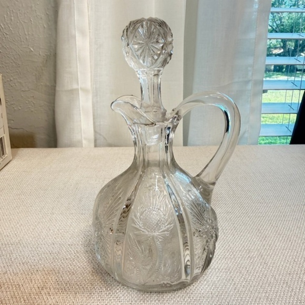 Unbranded Glass Decanter Thistle Etched Cottagecore Clear Small